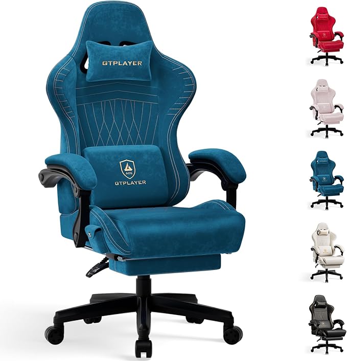 GTPLAYER Gaming Chair with Speakers Video Game Chairs with Footrest PC Gamer Chairs for Adults - Padded High Back Ergonomic Reclining Silla Gamer Linkage Armrest Ace Pro Blue (Velvet)