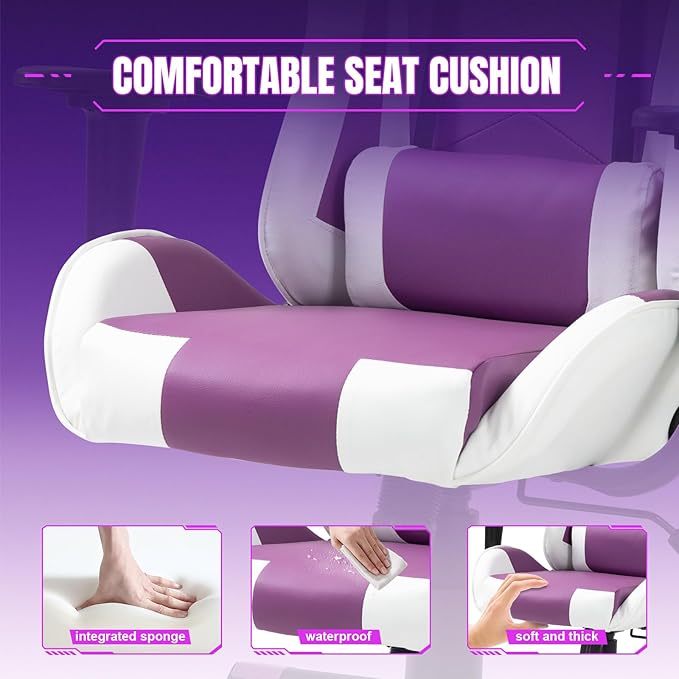 DIKEP Game Chair High-Back Recliner Chair with Headrest and Lumbar Support PU Leather Ergonomic Racing Gaming Chair with Height Adjustable and Headrest 360° Swivel Seat for Adults - Purple &amp Whi