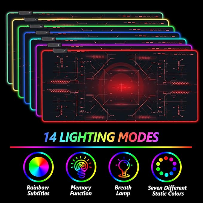 AIMSA Large Gaming Mouse Pad RGB Keyboard Led Mousepad Extended 35.4 x 15.8 inch Non-Slip Rubber Base with 14 Lighting Modes Desk Mat Red Circuit Board Motherboard