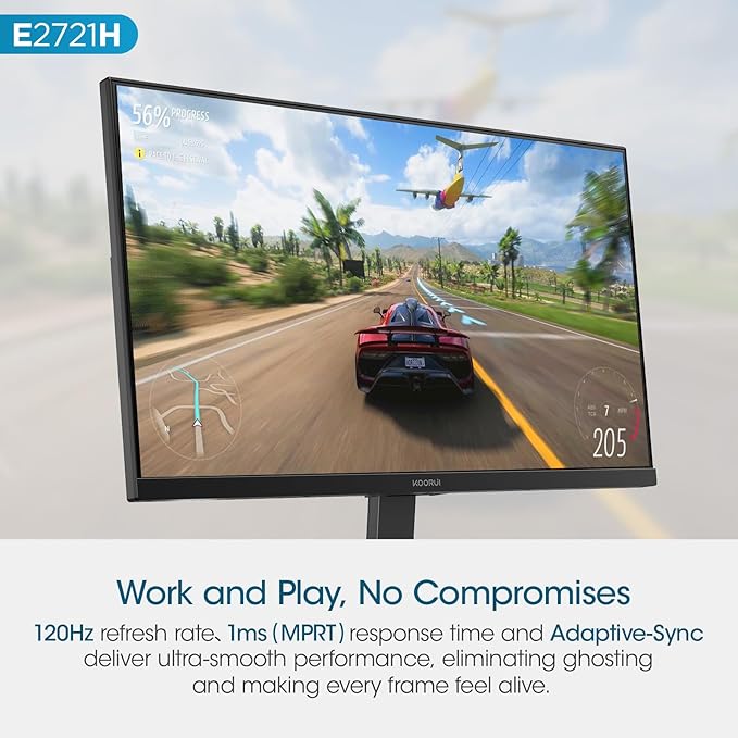 KOORUI 27 Inch QHD (2560x1440) IPS HDR Ultra-Thin Computer Gaming Monitor 120Hz Refresh Rate DCI-P3 95% FreeSync &amp G-Sync 1ms MPRT VESA 100x100mm Tilt Adjustable for Game and Work E2721H
