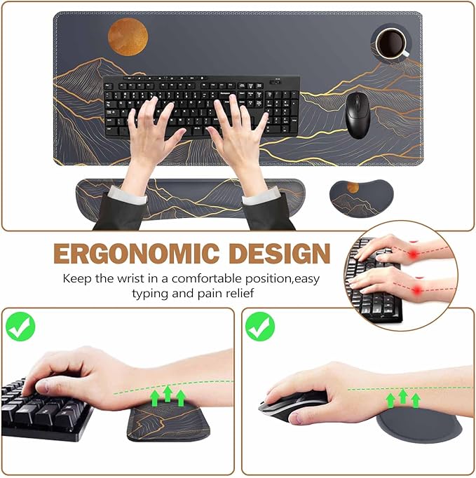 ToLuLu Extended Gaming Mouse Pad Memory Foam Ergonomic Keyboard Mouse Wrist Rest Support Set Large Desk Mat with Stitched Edges Non-Slip Base Mousepad for Home Office and Game Golden Mountain