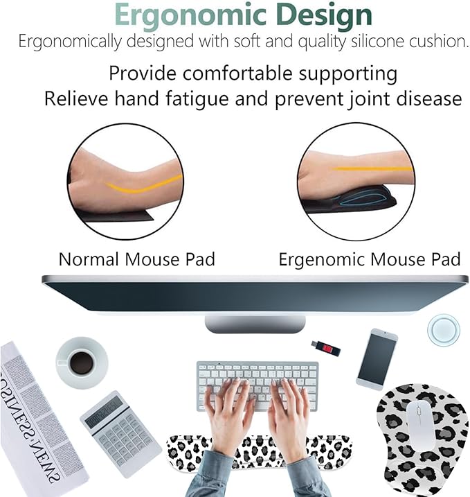 Keyboard Wrist Rest Pad Ergonomic Mouse Pad SetNon-Slip PU Base for Laptop Home Gaming OfficeMatching Elephant Pen Holder and Cup Coaster(Leopard Print) …