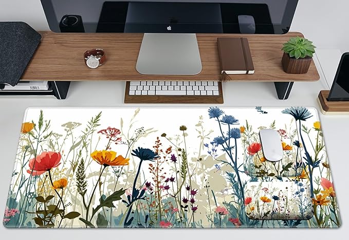 Wrist Rest Pad Small Mouse Pad and Office Desk Mat Set 3 in 1 Desk Pad 11.8 x 23.6+Mousepad +Mouse Wrist Rest with Ergonomic Design Non-Slip for Home Gaming Computer Red Orange Flowers