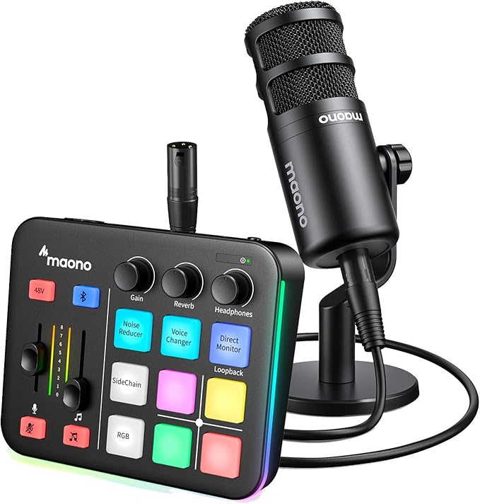 MAONO Gaming Audio Mixer &amp XLR Dynamic Microphone Audio Interface with Pro-preamp RGB Bluetooth 48V Phantom Power for Live Streaming Podcasting Content Create Gaming
