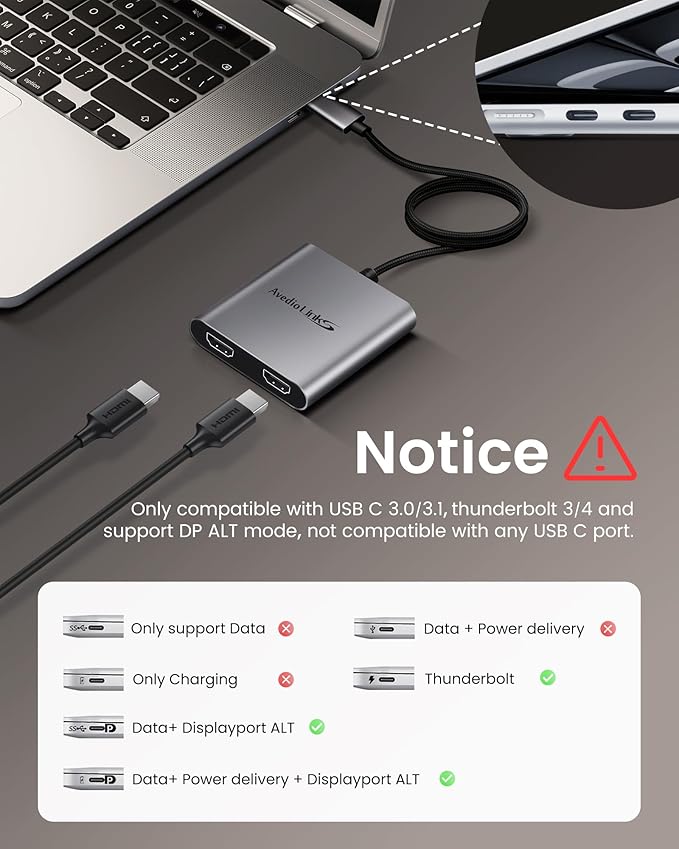 avedio links USB C to Dual HDMI Adapter 4K@60HZ Type C to HDMI Splitter for Dual Monitors Extended DisplayCompatible for USB C 3.0/3.1Thunderbolt 3Support Dual 4K 30Hz【MST Mode Only for Windows】