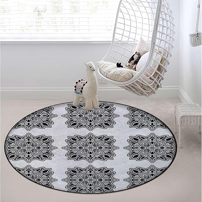 Black White Round Area Rugs Non-Slip Room RugCircle Rug Floor Carpet for Bedroom Kitchen Nursery Dinner Room Decor Early Renaissance Artsy Modern Design Diameter 55 in