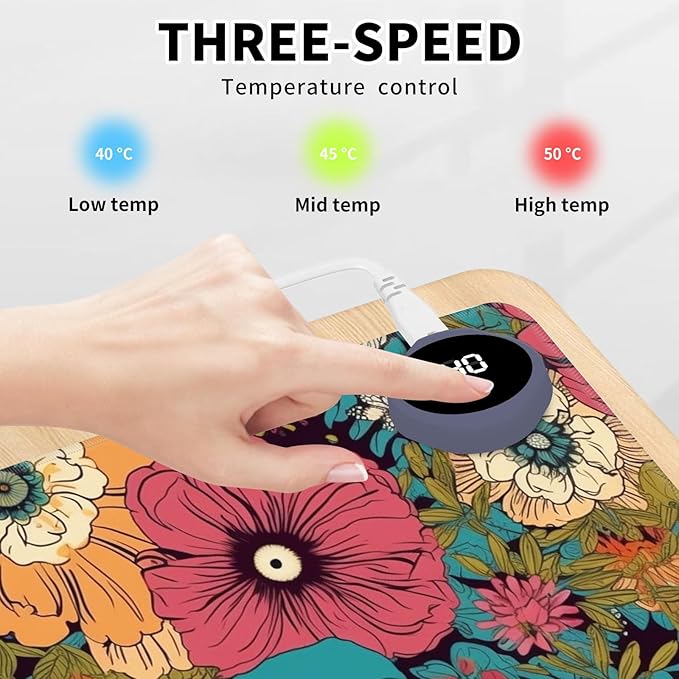 Heated Mouse Pad Hand Warmer Warm Desk Pad Mousepad Desk Mat with 3 Levels Heating and 3 Hours Auto Shut Down 31.5 x 13 inch PU Leather Warmer Keyboard Mat for Gaming Laptop Office Home Art Flower