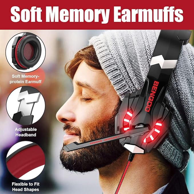BENGOO Stereo Pro Gaming Headset for PS4 PC Xbox One Controller Noise Cancelling Over Ear Headphones with Mic LED Light Bass Surround Soft Memory Earmuffs for Laptop Mac Wii Accessory Kits