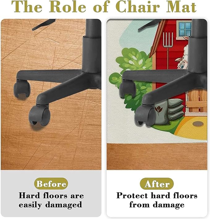 Green PU Leather Desk Chair Mat for Hard Floors Rural Woodenshack Cartoon Happy Farm Animals Computer Chair Matfor Rolling ChairLarge Floor ProtectorEasy Clean Manga Diameter 47.2 in