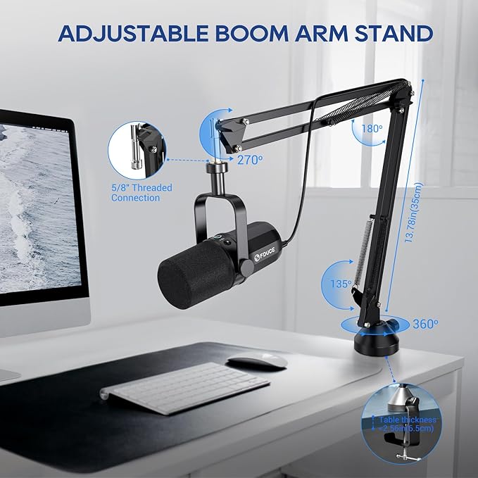 FDUCE Dynamic Microphone XLR/USB Podcast Recording PC Microphone for Vocal Voice-Over Streaming Studio Metal Mic with Mute Headphone Jack Monitoring Volume Control with Boom Arm (SL40+)