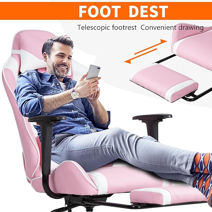 High Back PU Leather Gaming Chair with Headrest &amp Lumbar Support Height Adjustable Wide Seat for Adults with Footrest &amp Armrest