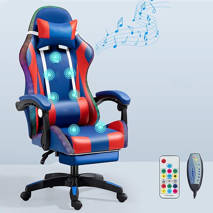 RGB Gaming Chair with Footrest Ergonomic Massage Computer Desk Chair Video Gaming Chair with Speakers Lumbar Support Height &amp Angles Adjustable Reclining Gamer ChairRgb/speaker/7 point massage