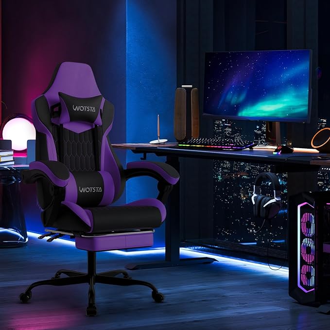 Gaming Chair with Footrest High Back Gaming Chairs PVC Leather Ergonomic Gamer Chair with Adjustable Headrest Lumbar Support Racing Style Video Gaming Chair for Office/Home (Purple)