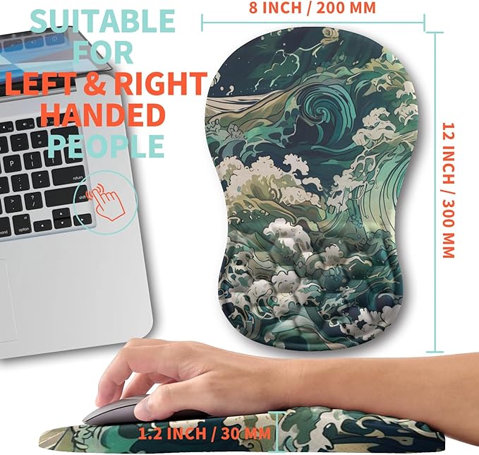 Ergonomic Mouse Pad Wrist Support with Memory Foam Massage Bulge Carpal Tunnel Pain Relief Mousepad Wrist Rest for Mouse(12x8 inch Sea Wave)