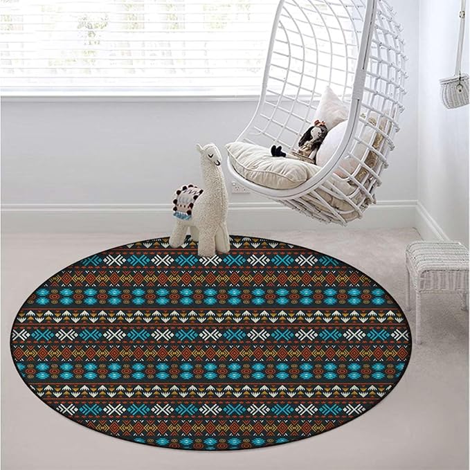 Orange Red Green Marble Round Area Rug Throw Rugs Soft Washable Small Round Floor Mats for Bedroom Living Room Zigzags Geometric Design Pattern Diameter 39.4 in