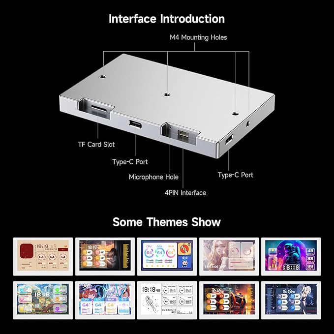 waveshare 5inch USB Monitor PC Case Secondary Screen/Desktop RGB Ambient Screen IPS Panel 800×480 Resolution with Music Spectrum Analysis Function Type-C Interface CNC Metal Case Silver