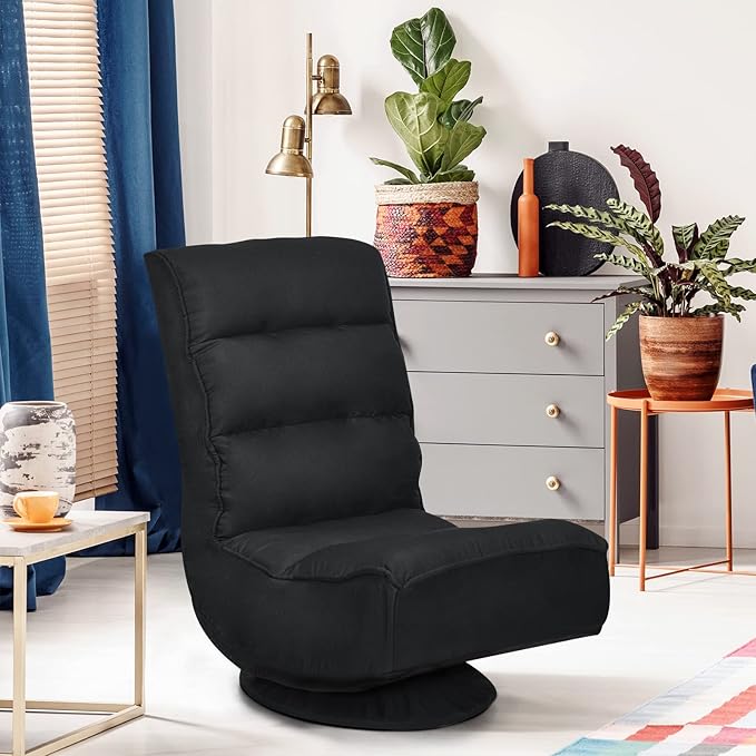COSTWAY Folding Floor Chair Adjustable 5-Position Video Gaming Chair with 360 Degree Swivel Detachable Cover Padded Backrest Multipurpose Living Room Floor Lounger for TV Reading Playing (Black)