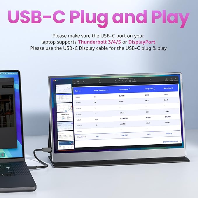 Portable Monitor 15.6 inch 1080P FHD 86% sRGB 60Hz Travel Monitor for Laptop MacBook Surface PC Xbox PS5 HDMI USB-C VESA Compatible Built-in Speaker