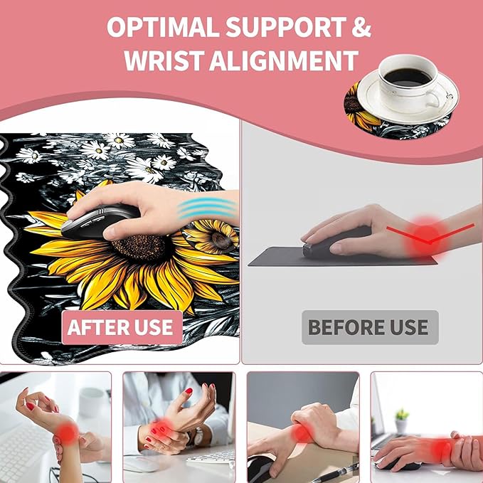 Large Gaming Mouse Pad Keyboard Wrist Rest Pad &amp Wrist Support Mousepad Set Stitched Edge Extended Non-Slip Base Memory Foam Desk Mat for Office HomeSunflowers and Daisies