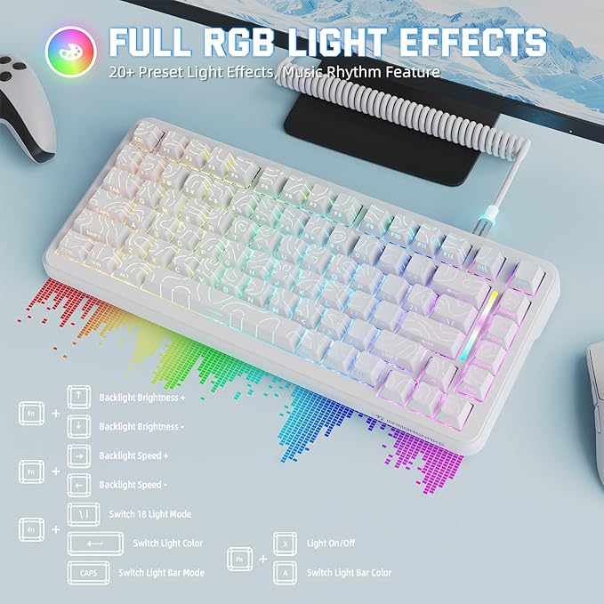 MAMBASNAKE M82 HE 75% Hall Effect Magnetic Switch Gaming Keyboard Rapid Trigger 0.01mm Accuracy 8KHz Polling Rate RGB Backlit Snap Tap &amp DKS Support White Compact Layout with Coiled Cable