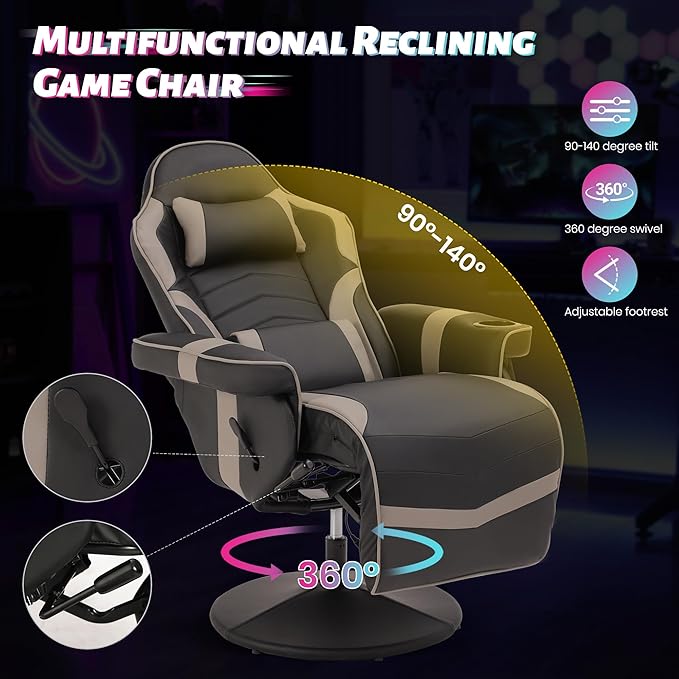 Game Reclining Chair with Adjustable Height PU Gaming Chair with Massage Long Footrest and Lumbar Support High Back Swivel Computer Game Chair for Adult (Gray)