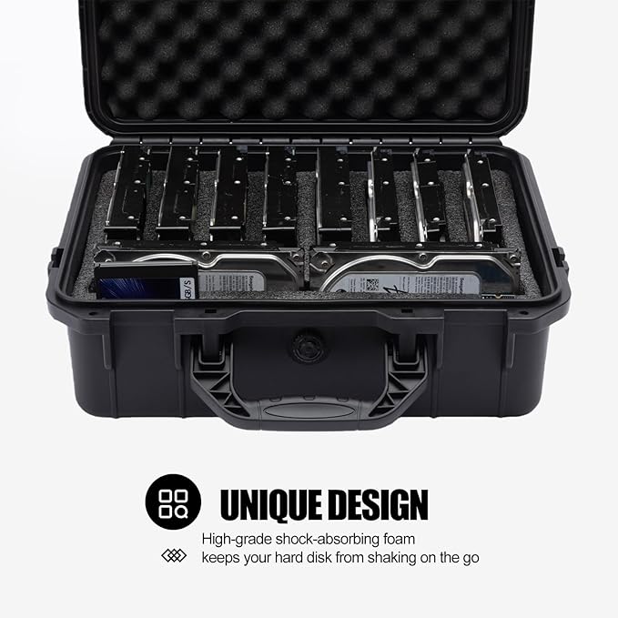 Hard Drive Case 3.5inch 10-Bay Multi-Protection HDD Storage Box Suitcase with Foam External Hard Drive Carrying Case Anti-Static Shock Moisture Proof for HDD/SSD/M.2