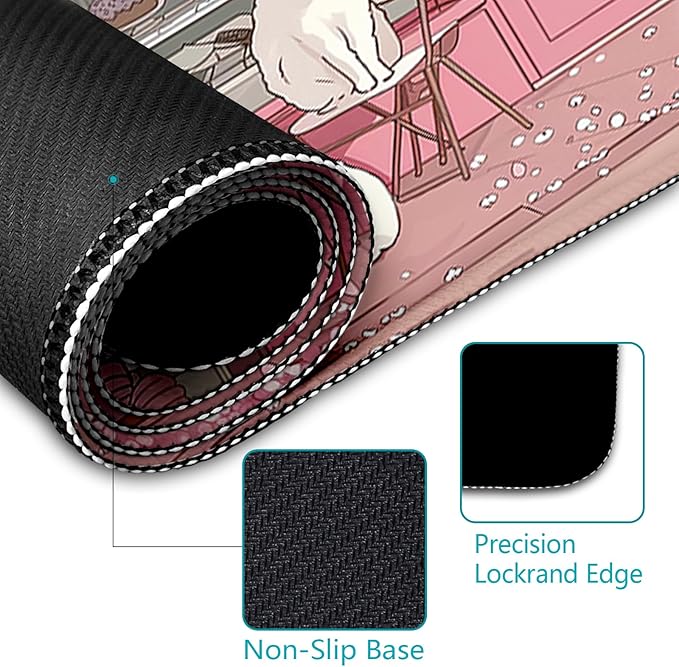 Cat Ergonomic Mouse Pad with Wrist Rest Pink Cherry Blossom Computer Mouse Pad Wrist Support with Non-Slip Pain Relief PU Base Cute Office Desk Decor Accessories Japanese Dessert House