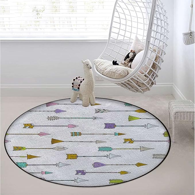 Arrows Round Carpet Playmat - Play Learn and Have Fun SafelyCrawling Mat Educational Soft Rug Shower/Birthday Gift Geometric Colorful Arrows PatternCharcoal Grey Gold Diameter 43.3 in