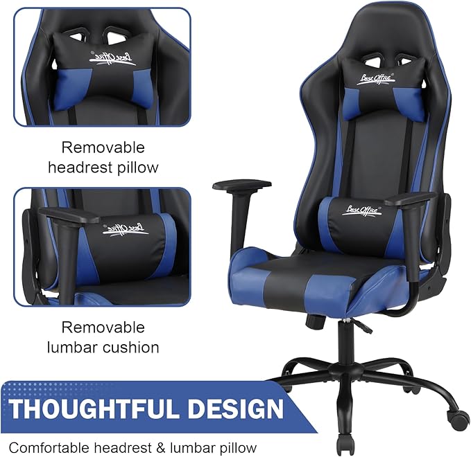 BLKMTY Gaming Chair Office Chairs High Back Computer Leather Desk Chair Racing Executive Ergonomic Adjustable Swivel Task Chairs with Headrest and Lumbar Support Blue