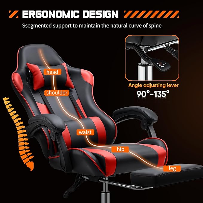 DUMOS Gaming Office Desk Chair with Footrest and Headrest for Adults PU Leather Ergonomic Video Computer Chair with Linkage Armrests Height Adjustable 360° Swivel Recling Chair New Red