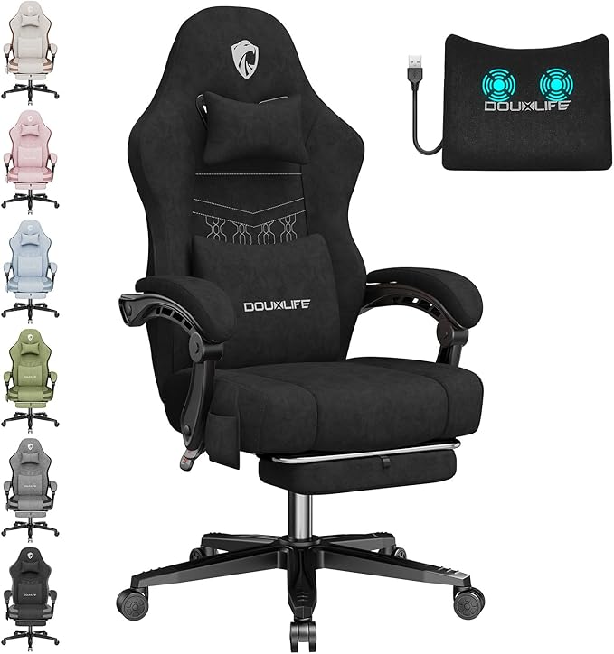 Gaming Chair Fabric Computer Office Chair with Massage Ergonomic Chair with Footrest Lumbar Support Pocket Spring Widened Cushion Metal Legs 350LBS Black