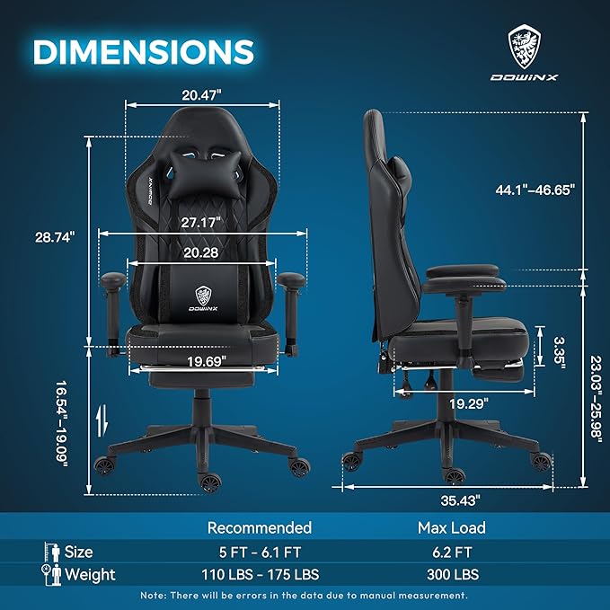 Dowinx LS-66T50EJP Gaming Chair with Pocket Spring Cushion and Hanger Massage Game Chair Pu Leather with Headrest Ergonomic Computer Chair with Footrest 300lbs for Adult Black Grey
