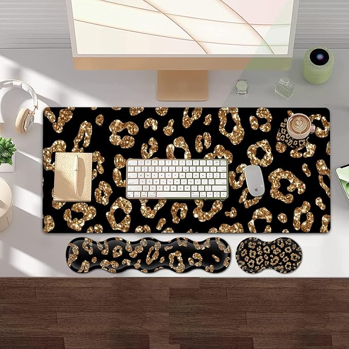 Gaming Mouse Pad and Keyboard Wrist Rest Large Extended Mouse Pad 31.5X 11.8Ergonomic Memory Foam Wrist Rest +Desk Mat Protectorfor Office/Home Writing Pad Gold Glitter Leopard Black Mousepad