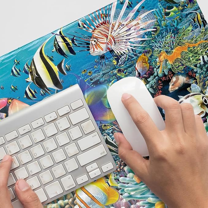 Ocean Coral Reef Angel Clown Fish Diving Large Gaming Mouse Pad Desk Mat with Stitched Edges Non-Slip Base