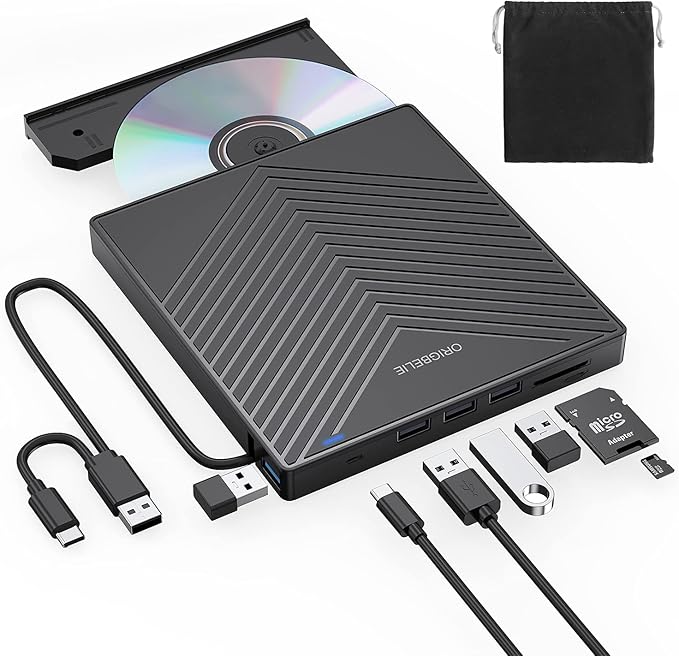 External CD DVD Drive Ultra Slim CD Burner USB 3.0 with 4 USB Ports and 2 TF/SD Card Slots Optical Disk Drive for Laptop Mac PC Windows 11/10/8/7 Linux OS