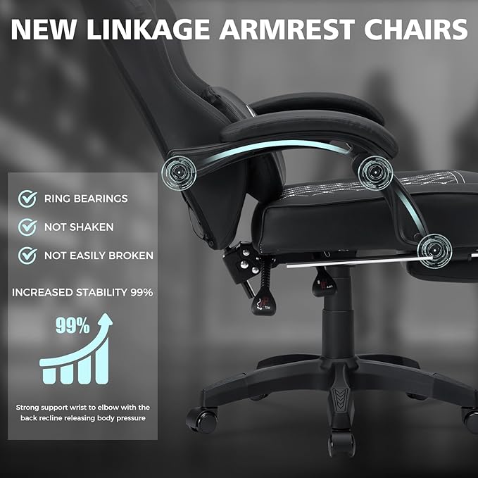 HOFFREE Gaming Chair Computer Chair with Speakers Massage Game Chairs with Footrest Bluetooth High Back Ergonomic Computer Gaming Chairs for Adults Reclining Video Gamer Chair Black