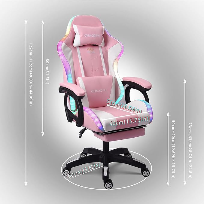 Video Gaming Chair with FootrestGame Chair with Bluetooth SpeakersComputer Chair with LED LightsErgonomic Massage Gaming Chair with Massage Function360°Swivel 90°-135° Adjustment Backrest (Pink)