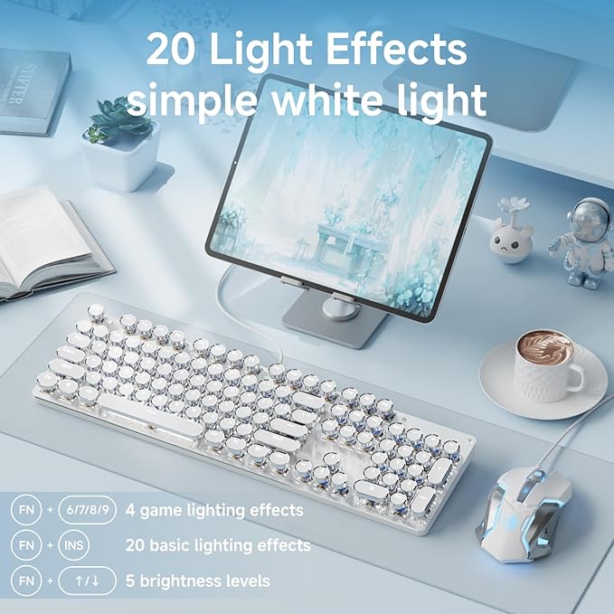 EWEADN TK100 Wired Typewriter Mechanical Keyboard and Mouse 104 Keys Aesthetic Typewriter Keyboard Mouse Combo with White Backlit Anti-Ghosting Black Switch Cute Keyboards-White