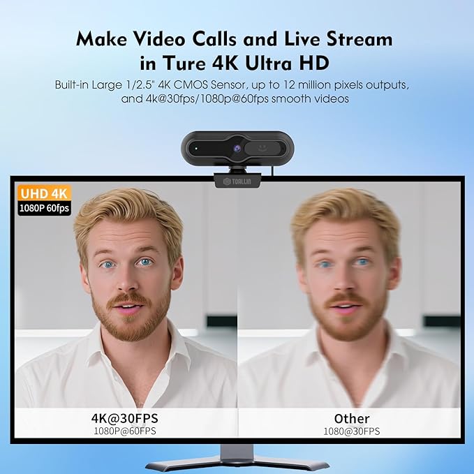 TOALLIN 4K Webcam for PC 1080P@60FPS PDAF Autofocus 1/2.5 Sensor &amp 12MP Built-in Mic and Sliding Privacy Cover USB Web Camera for Gaming Conferencing Streaming and Video Calls