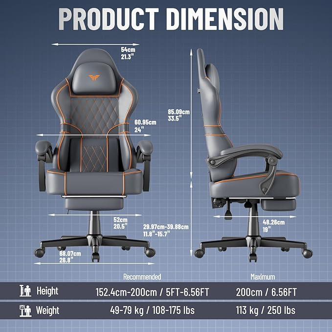 Ferghana Gaming Chair Leather Comfortable Computer Chair with Footrest and Linkage Armrest Ergonomic High Back Game Chair with Massage Lumbar Support for Adult Grey