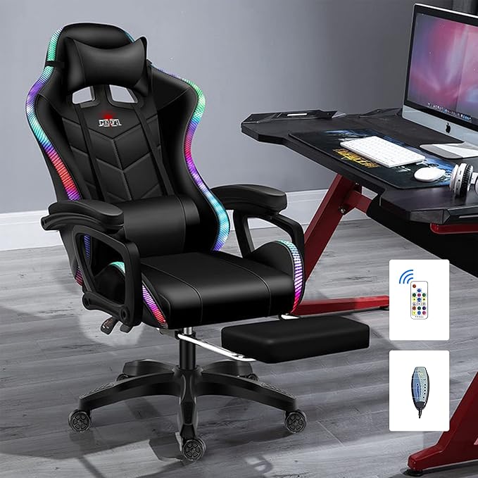 RGB Gaming Chair with Speakers and Massage Racing Computer Chair with Massage and Footrest for Office or Gaming. (All Black)