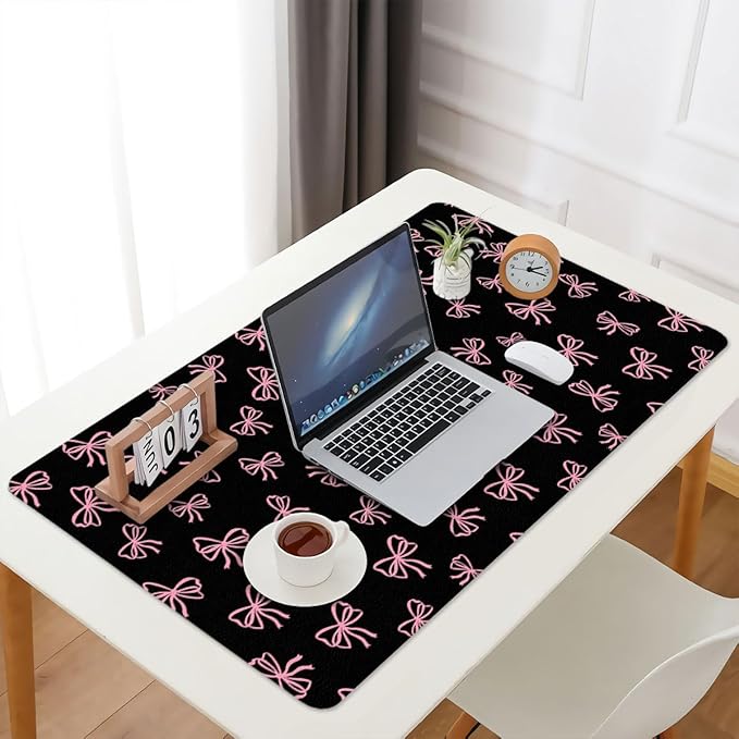 Cute Pink Bow Black Extended Gaming Keyboard Mouse Pad Non-Slip Leather Home Office Desk Mat Protector Laptop Desk Pad Writing Pad