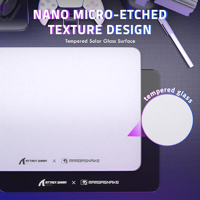 ATTACK SHARK CM05SE Tempered Glass Mouse Pad 9H Hardness Anti-Scratch Nano Etched Ultra-Smooth Surface Non-Slip PU Base High Accuracy Fast-Moving 410×310×5mm for FPS Esports/Office - White