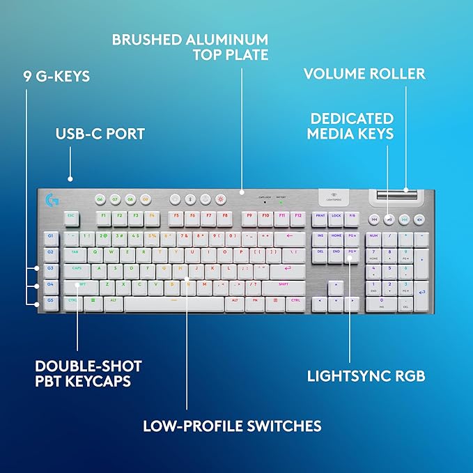 Logitech G915 X Lightspeed Low-Profile Wireless Gaming Keyboard Double-Shot PBT Keycaps Fully Programmable Keys RGB Backlighting Sleek Aluminum Finishing GL Brown Tactile Switches-PC/Mac - White