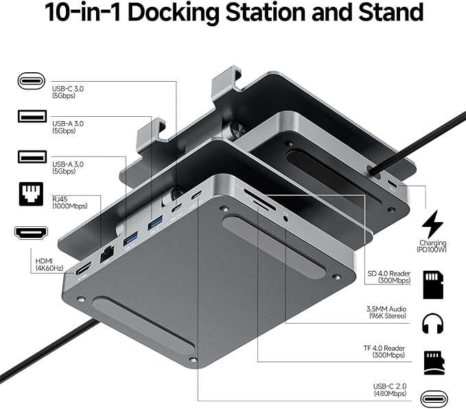 iPad Pro USB C Hub Stand10 in 1 Rotatable Multiport Adapter for iPad M4 M3 M2 Inch Docking Station 4K 60Hz HDMI PD SD/TF Card Reader USB 3.0 3.5mm Audio iPad Accessories for Home Office
