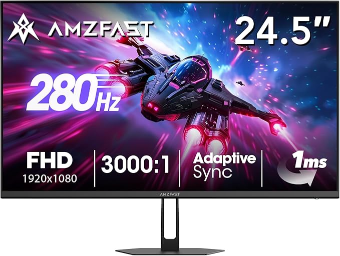 Amzfast 24.5 Inch 280Hz/240Hz Gaming Monitor 1ms Adaptive Sync FHD 1080p Computer Monitor 3000:1 HDR 10 Bit 126% sRGB 93% DCI-P3 TÜV Rheinland Eye Care HDMI 2.0 x 2 &amp DP 1.4 x 2 AMZG25X1