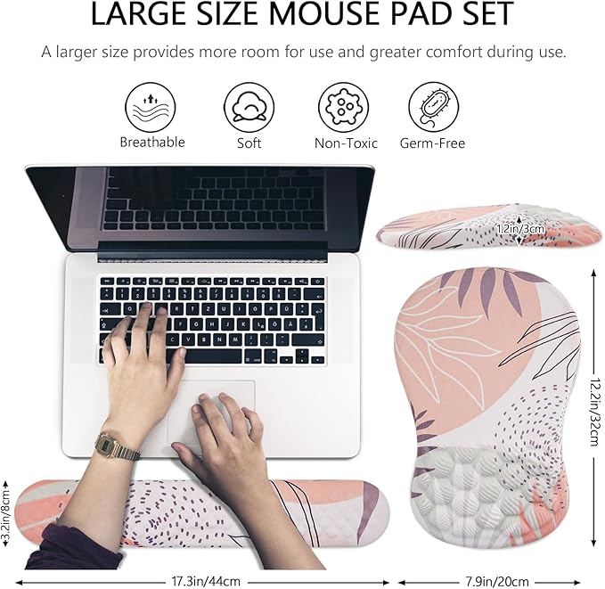 Mouse Pad Wrist Support 2 in1 Keyboard Wrist Rest+ Ergonomic Mouse Pad Non-Slip Wrist Rest for Computer Keyboard Made Easy Typing &amp Relieve Wrist Pain（Leaf