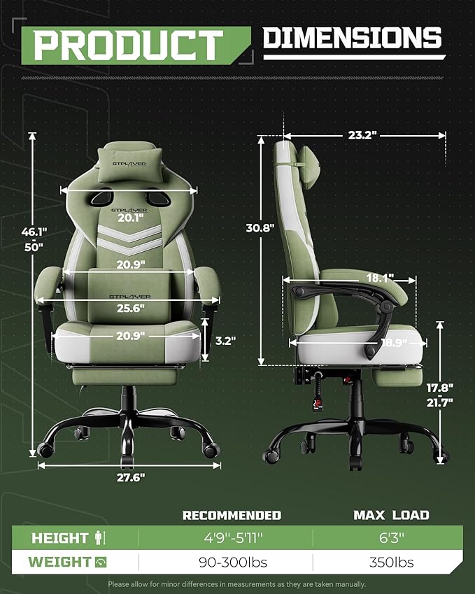 GTPLAYER Gaming Chair Computer Chair with Footrest and Lumbar Support for Adults 360°-Swivel Big &amp Tall Reclining Seat for Office or Gaming (Green)