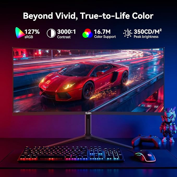 34 Inch Curved Gaming Computer Monitor with 180Hz Refresh Rate WQHD 3440x1440 127% sRGB FreeSync1500R Curvature &amp 178° Viewing Angle Height Adjustable Base for Gaming Business