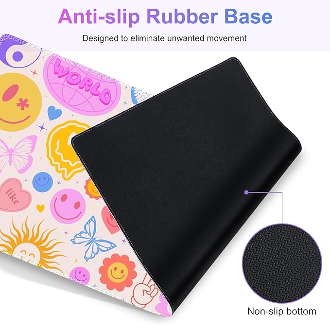 Large Gaming Mouse Pad Set 4 in 1 Extended Keyboard Desk Mat with Wrist Rest PC Computer Game Mousepad Set Non-Slip Desk Pad Protector Easy Typing Pain Relief for Home Office I Hippie Smile